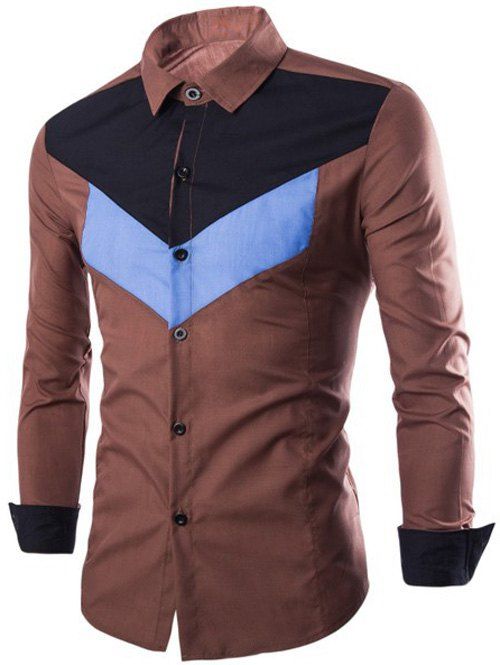 

Color Splicing Single-Breasted Long Sleeves Shirt, Coffee