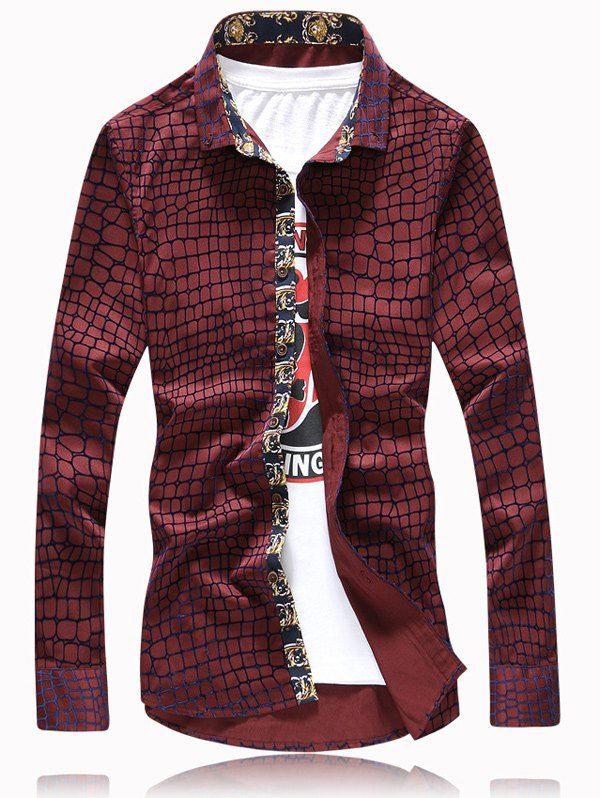 

Graphic Checked Printed Long Sleeve Shirt, Wine red