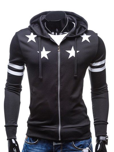 

Zip Up Star Print Drawstring Hoodie, Black