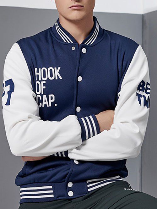 

Rib Spliced Color Block Letter Baseball Jacket, Blue and white