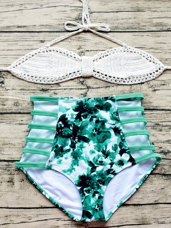 

Crochet Floral Print Hollow Out Halter Bikini Set, White