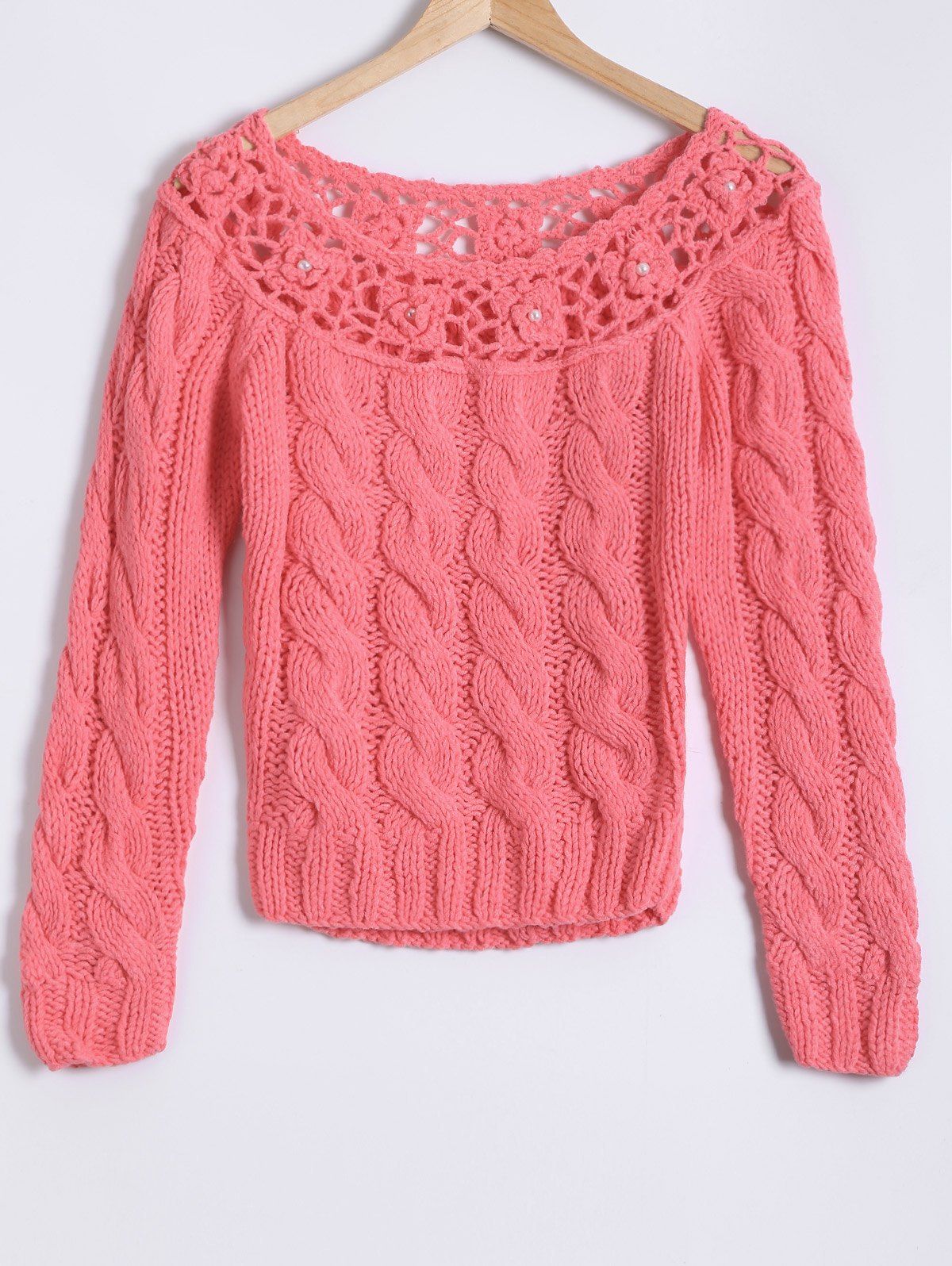 

Hollow Out Beaded Twist Jacquard Hand-Knitted Sweater, Rose madder