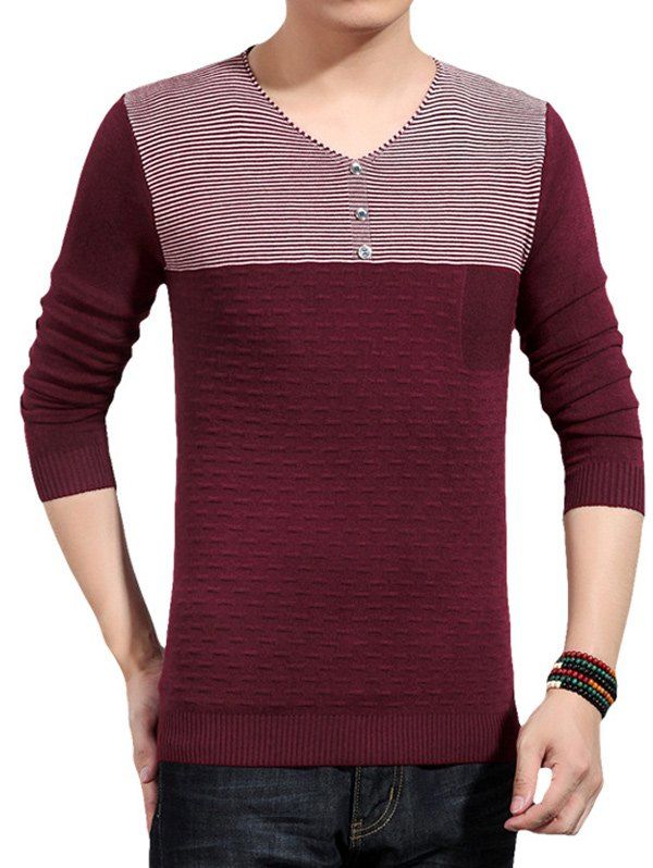 

Color Block Splicing Button Embellished V-Neck Sweater, Wine red