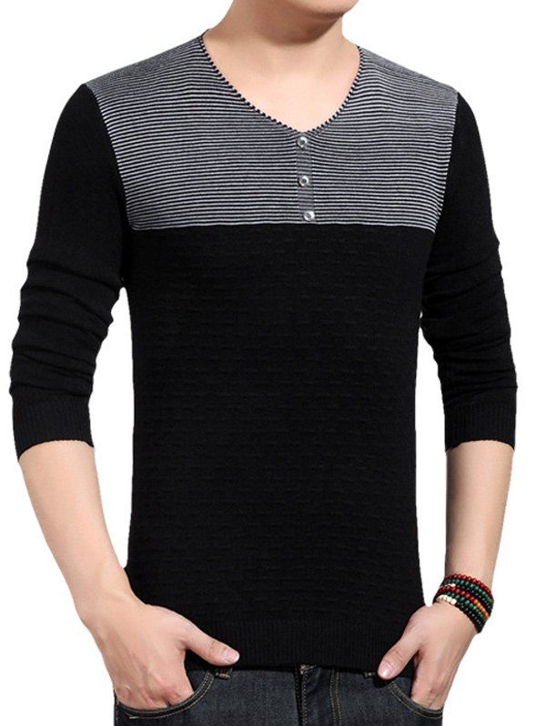 

Color Block Splicing Button Embellished V-Neck Sweater, Black