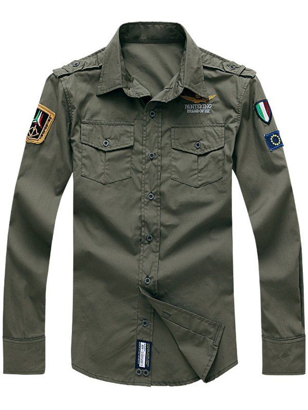 

Turn-Down Collar Embroidery Flap Pocket Long Sleeves Shirt, Army green