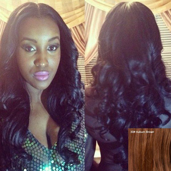

Fascinating Long Centre Parting Wavy Capless Lace Front Human Hair Wig, Auburn brown
