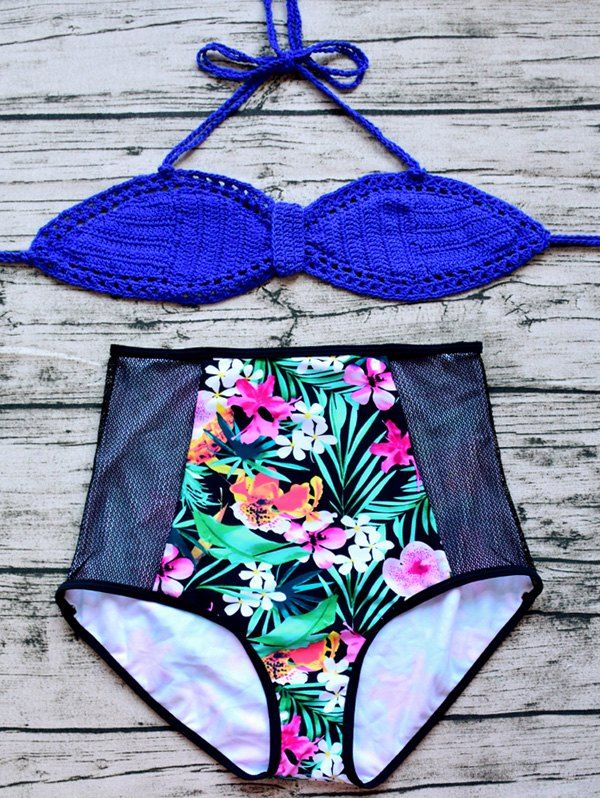 

Crochet Bra and Floral Print Briefs Bikini Set, Sapphire blue