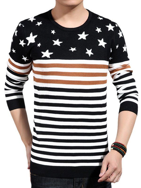 

Color Block Splicing Pentagram Stripe Knitting Sweater, Black