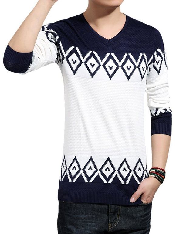 V-Neck Color Block Splicing géométrique Knitting Sweater - Cadetblue M