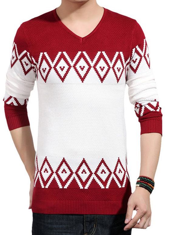 V-Neck Color Block Splicing géométrique Knitting Sweater - Clairet 5XL