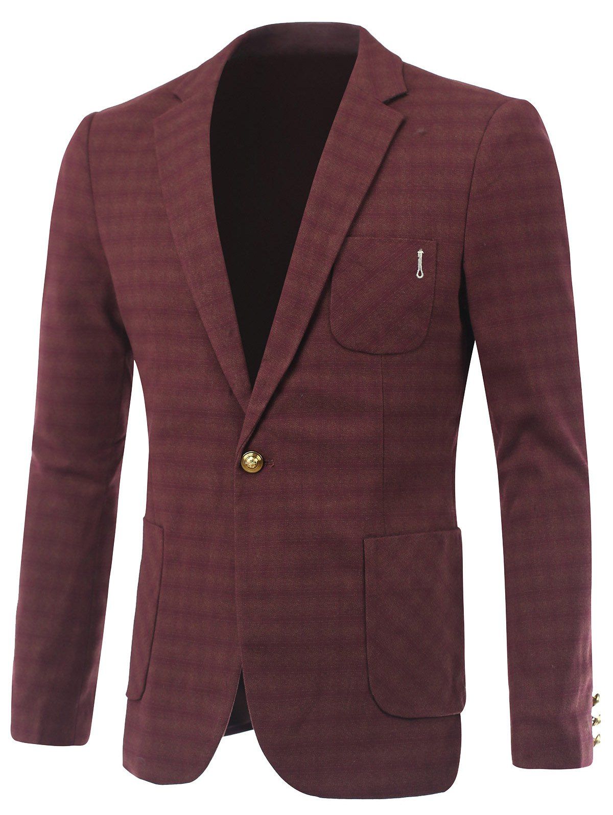 

Plaid Pocket One-Button Lapel Long Sleeve Blazer, Claret