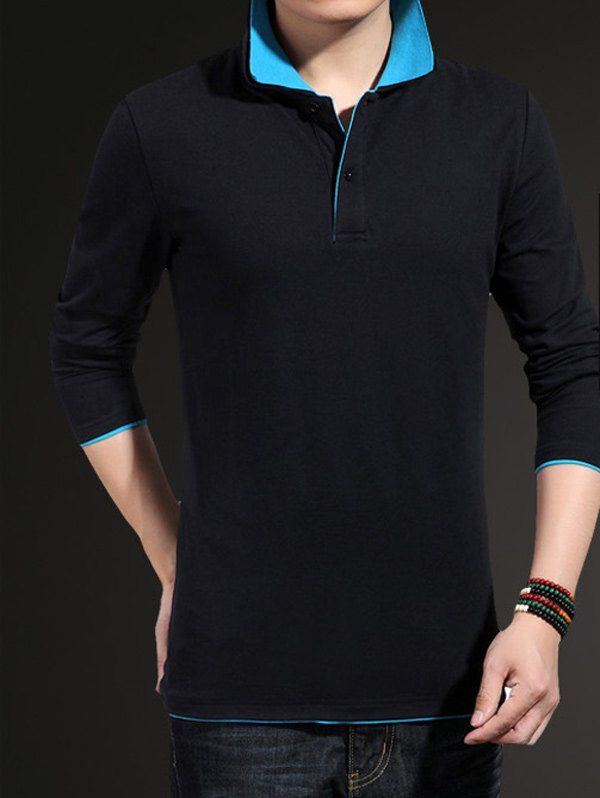 

Long Sleeve Plus Size Turndown Collar T-Shirt, Blue and black