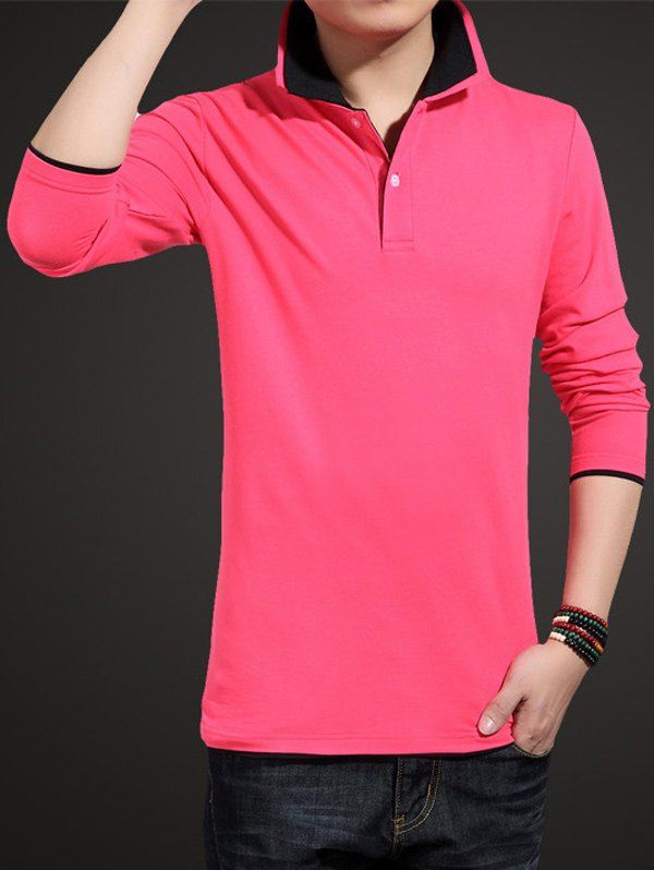 

Long Sleeve Plus Size Turndown Collar T-Shirt, Black and rose red