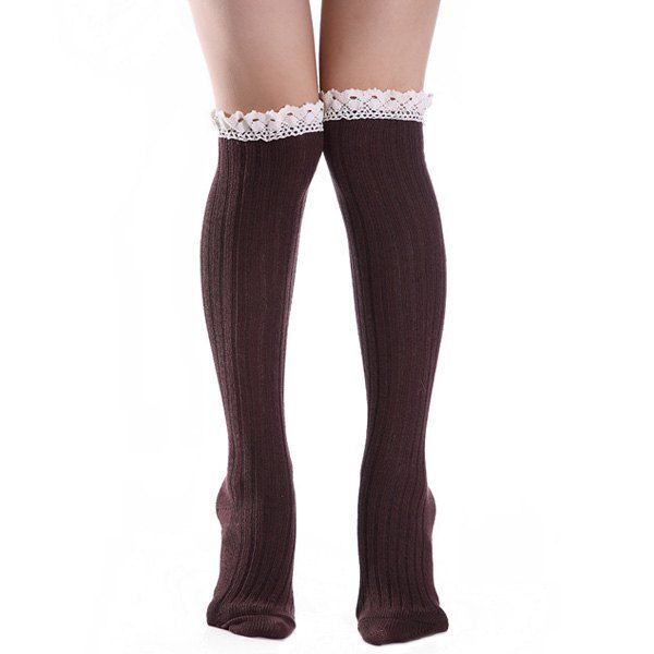 

Lace Trim Knit Stockings, Dark coffee