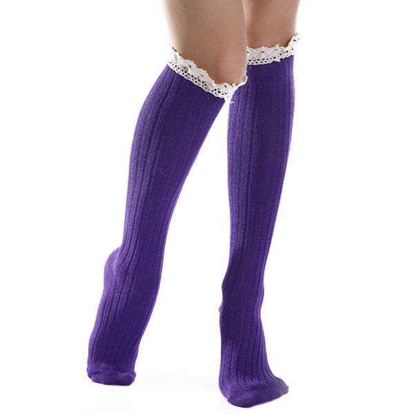 

Lace Trim Knit Stockings, Deep purple