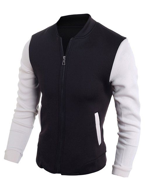 

Stand Collar Zip-Up Color Block Jacket, Black