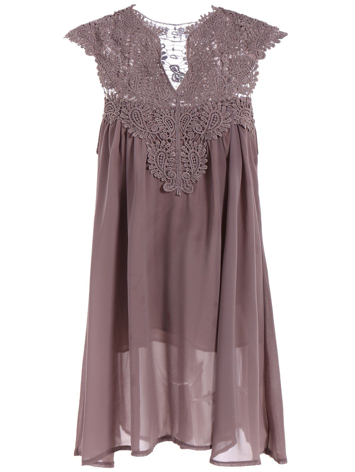 

Crochet Lace Insert Short Sleeveless Ruched Dress, Light coffee