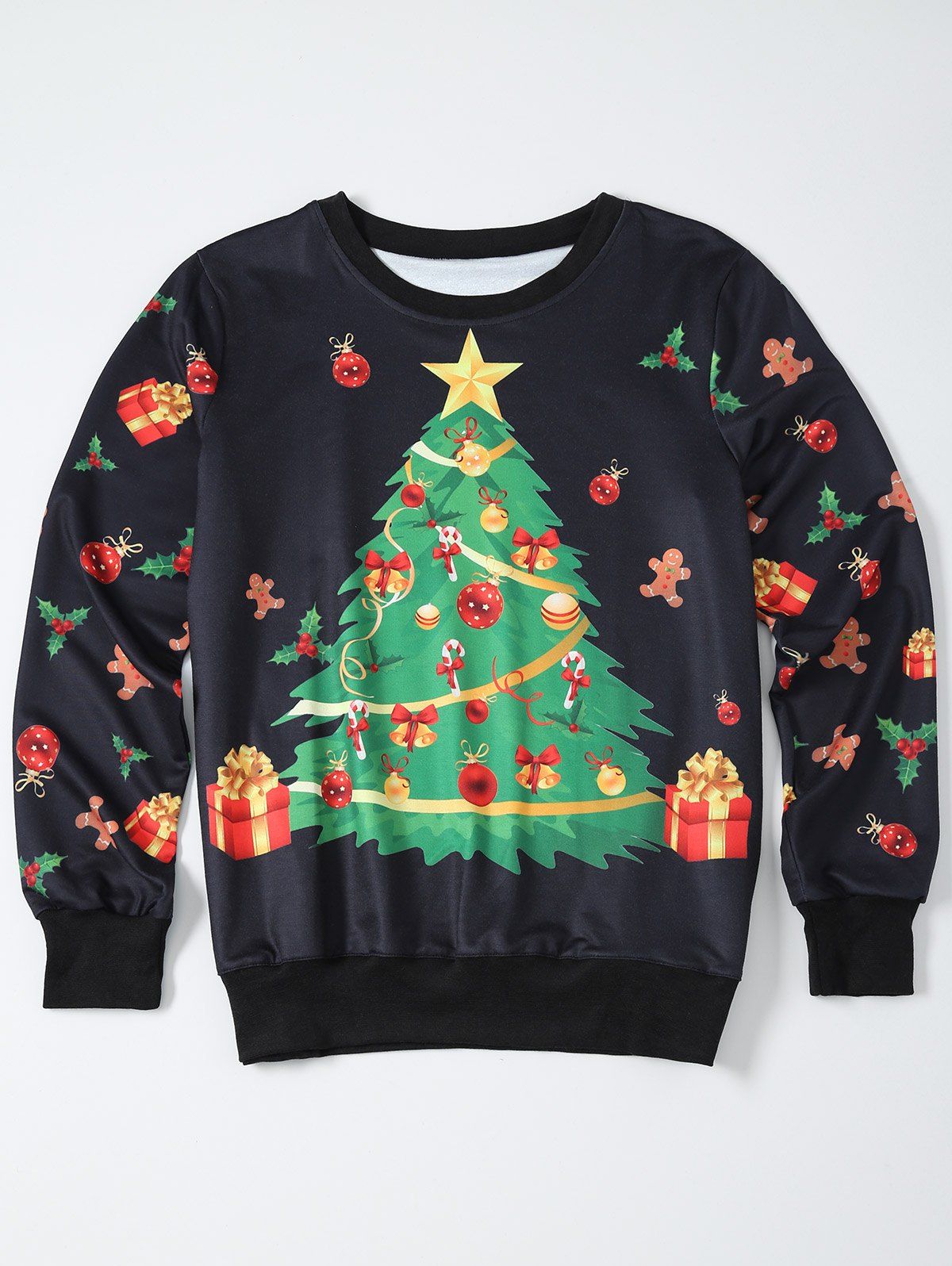 

Christmas Tree Print Pullover Sweatshirt, Black