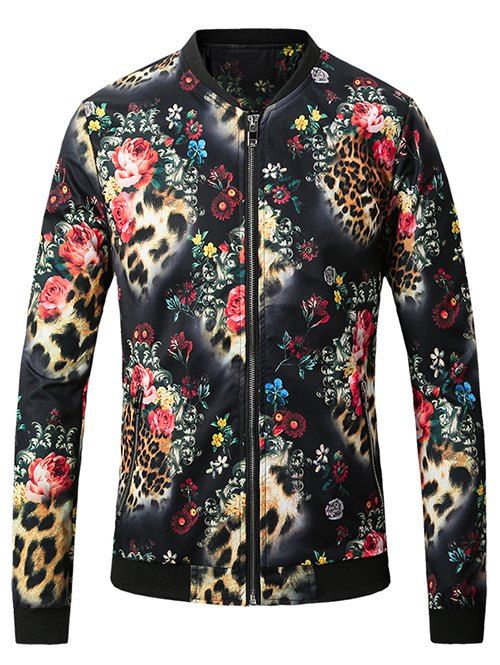Zip Up Leopard Floral Print Jacket - Noir M