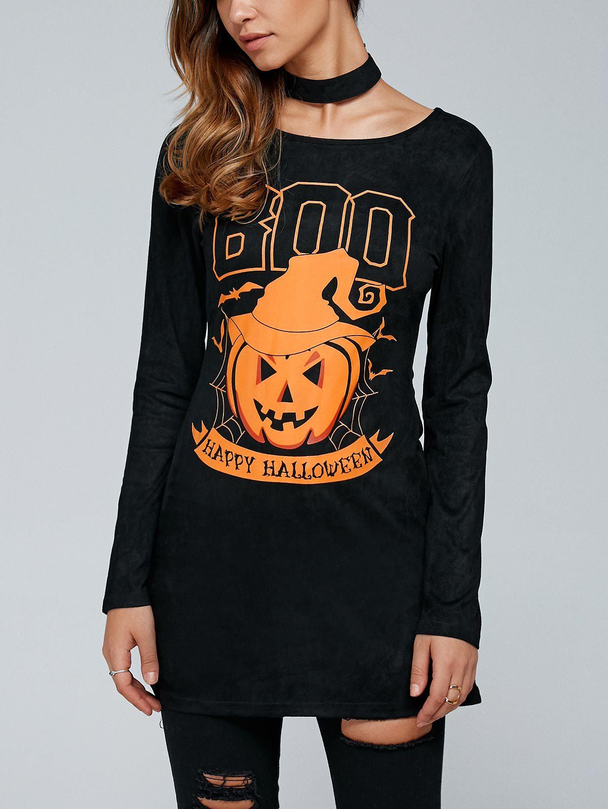 

Pumpkin Print Long Sleeve Halloween T-Shirt, Black