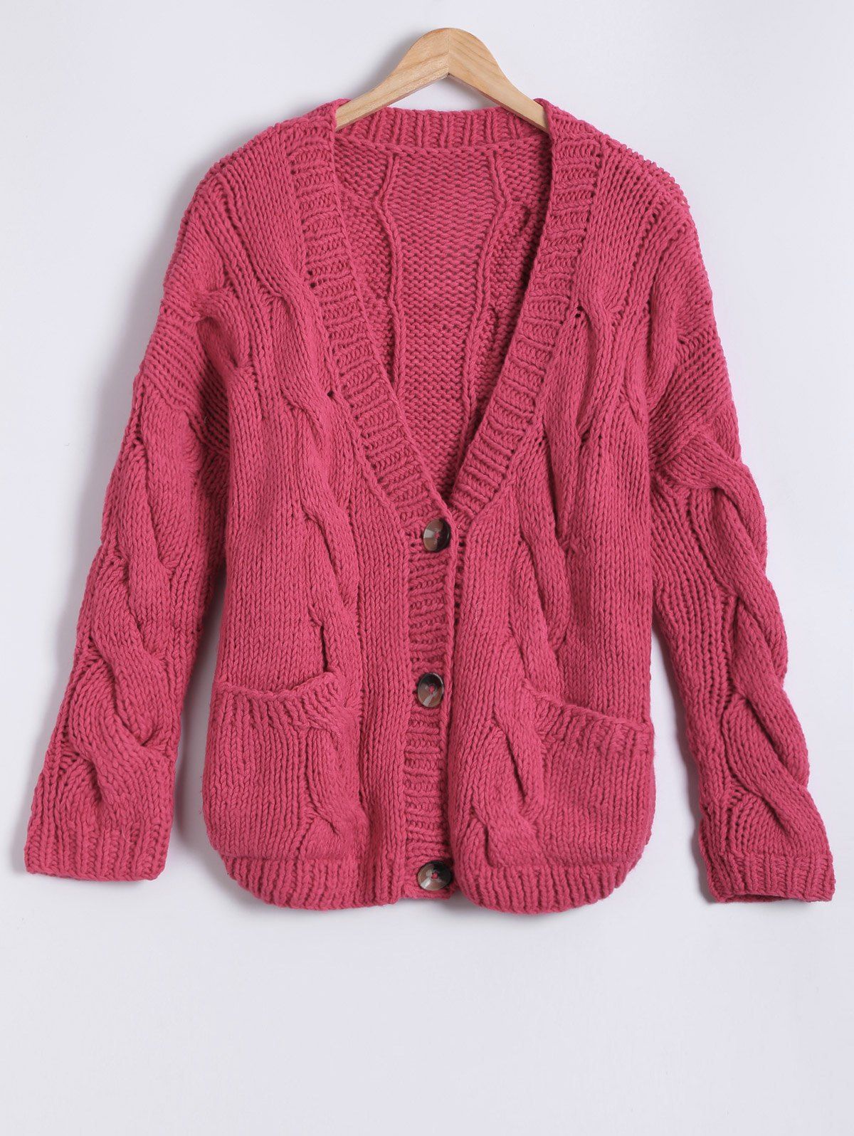 

Front Pocket Design Button Up Hand-Knitted Short Cardigan, Red