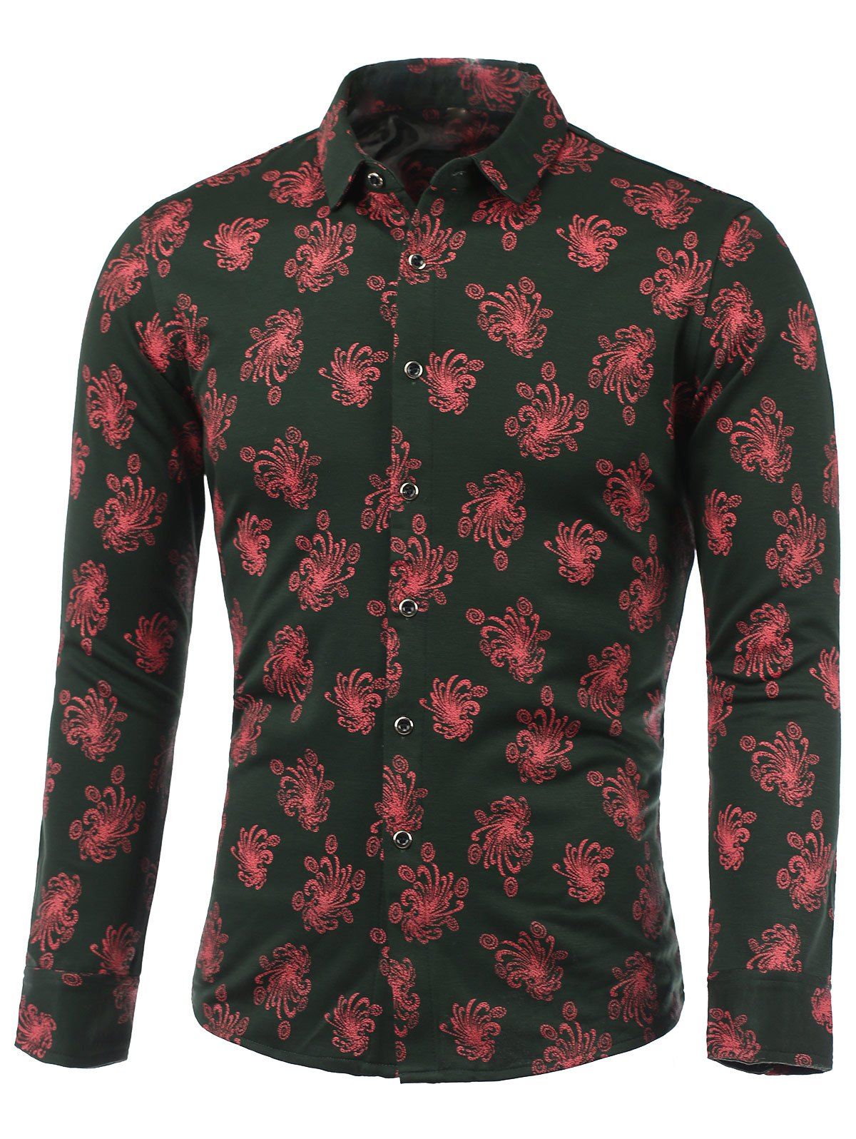 

Turn-Down Collar Floral Print Long Sleeve Shirt, Black