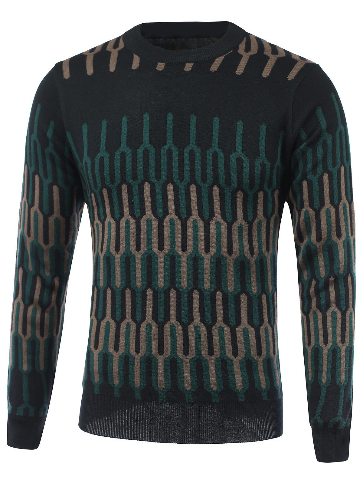

Geometric Spliced Print Round Neck Long Sleeve Sweater, Camel