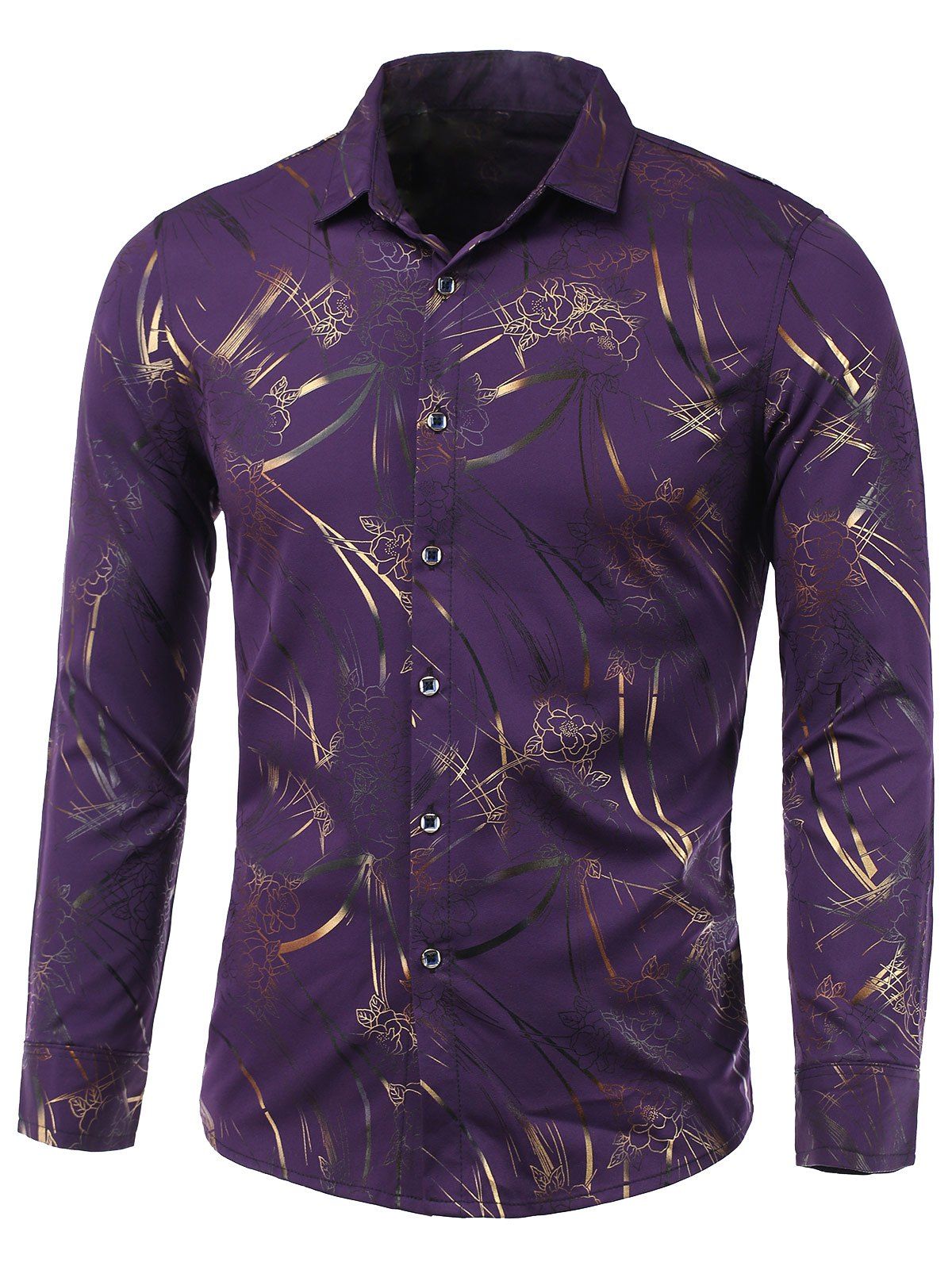 

Turn-Down Collar Golden Floral Print Long Sleeve Shirt, Purplish red