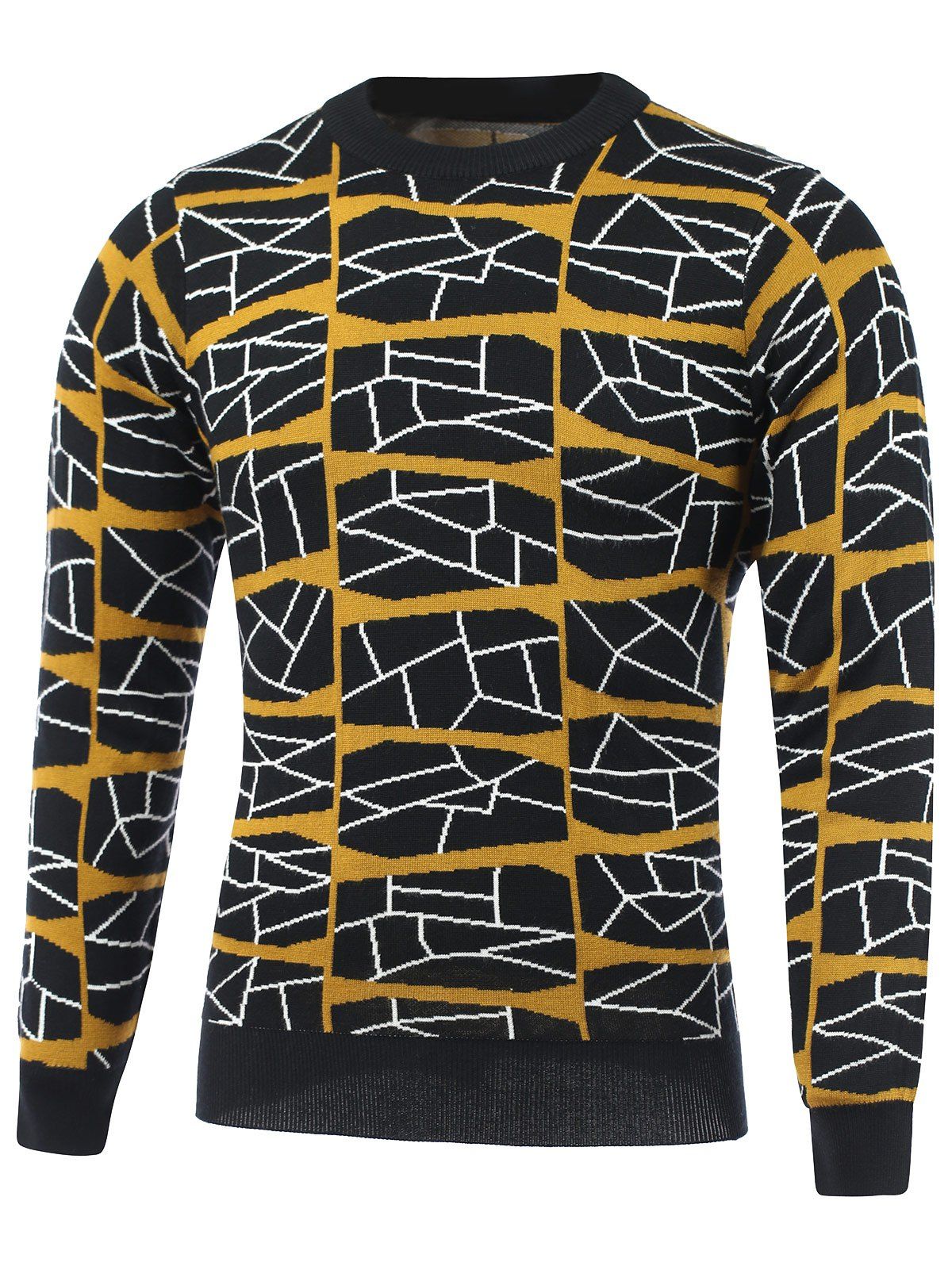 

Color Block Geometric Grid Print Round Neck Long Sleeve Sweater, Orange yellow