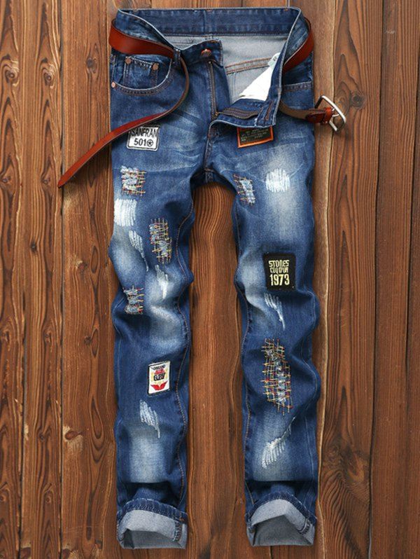 

Patched Appliques Holes Zipper Fly Straight Leg Jeans, Blue