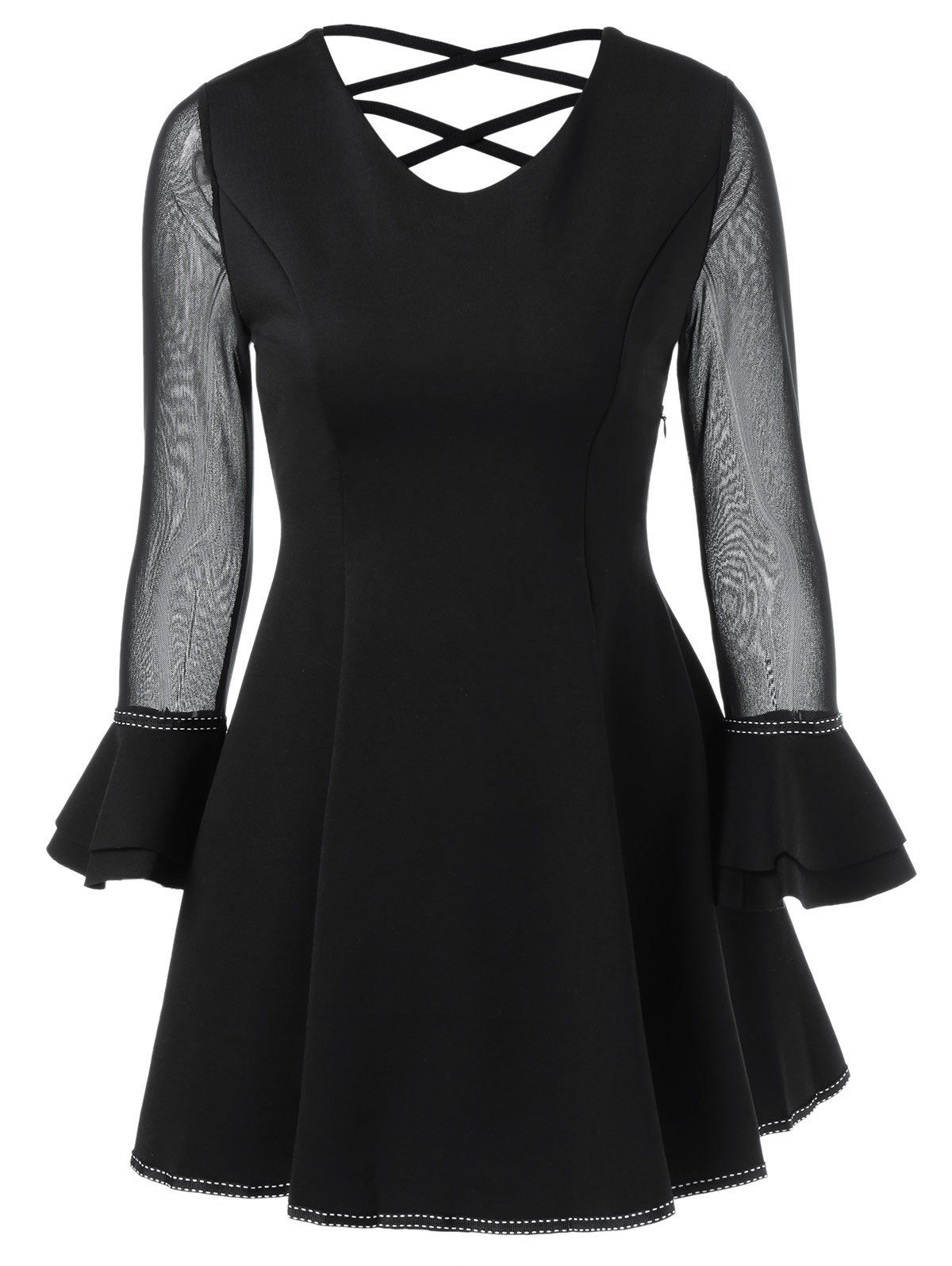 

Crossback Bell Sleeve Fit and Flare Dress, Black