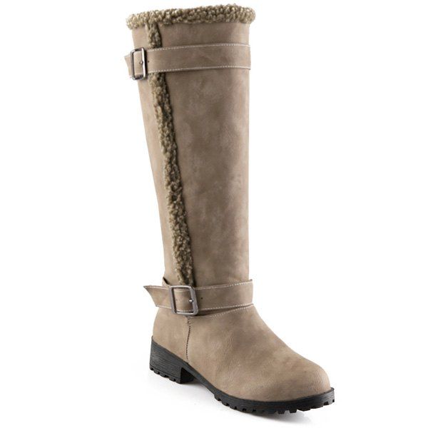 

Faux Shearling Buckles Low Heel Mid-Calf Boots, Khaki