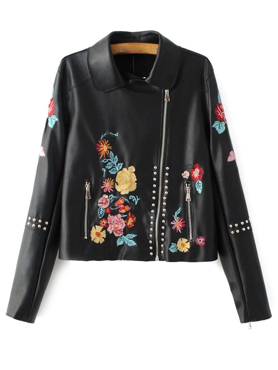 Embroidered Studded Faux Leather Jacket