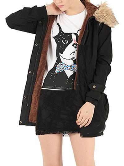 

Hooded Fur Embellished Pocket Design Coat, Black