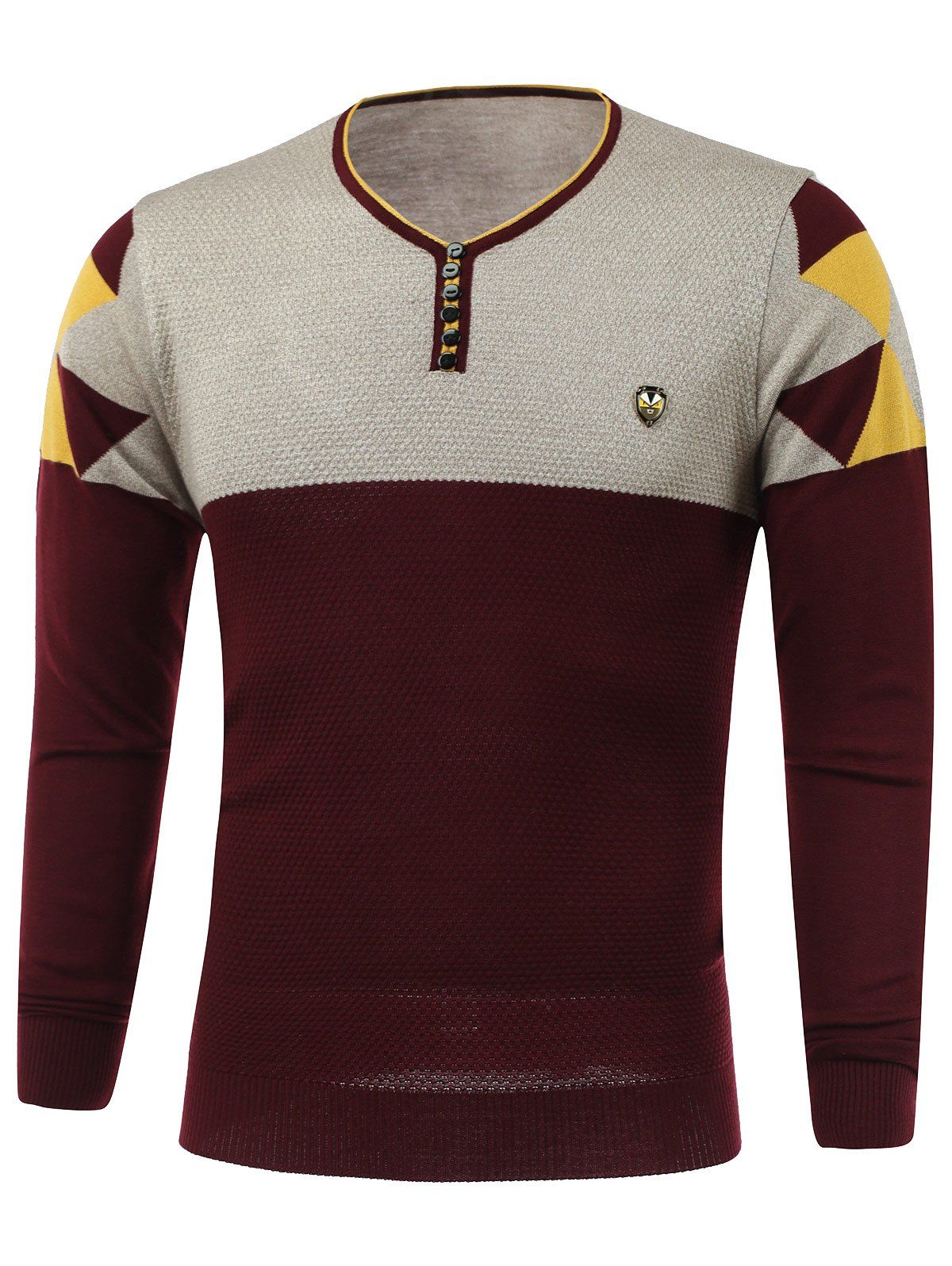 

Color Block Spliced Badge Embellished V-Neck Long Sleeve Sweater, Red