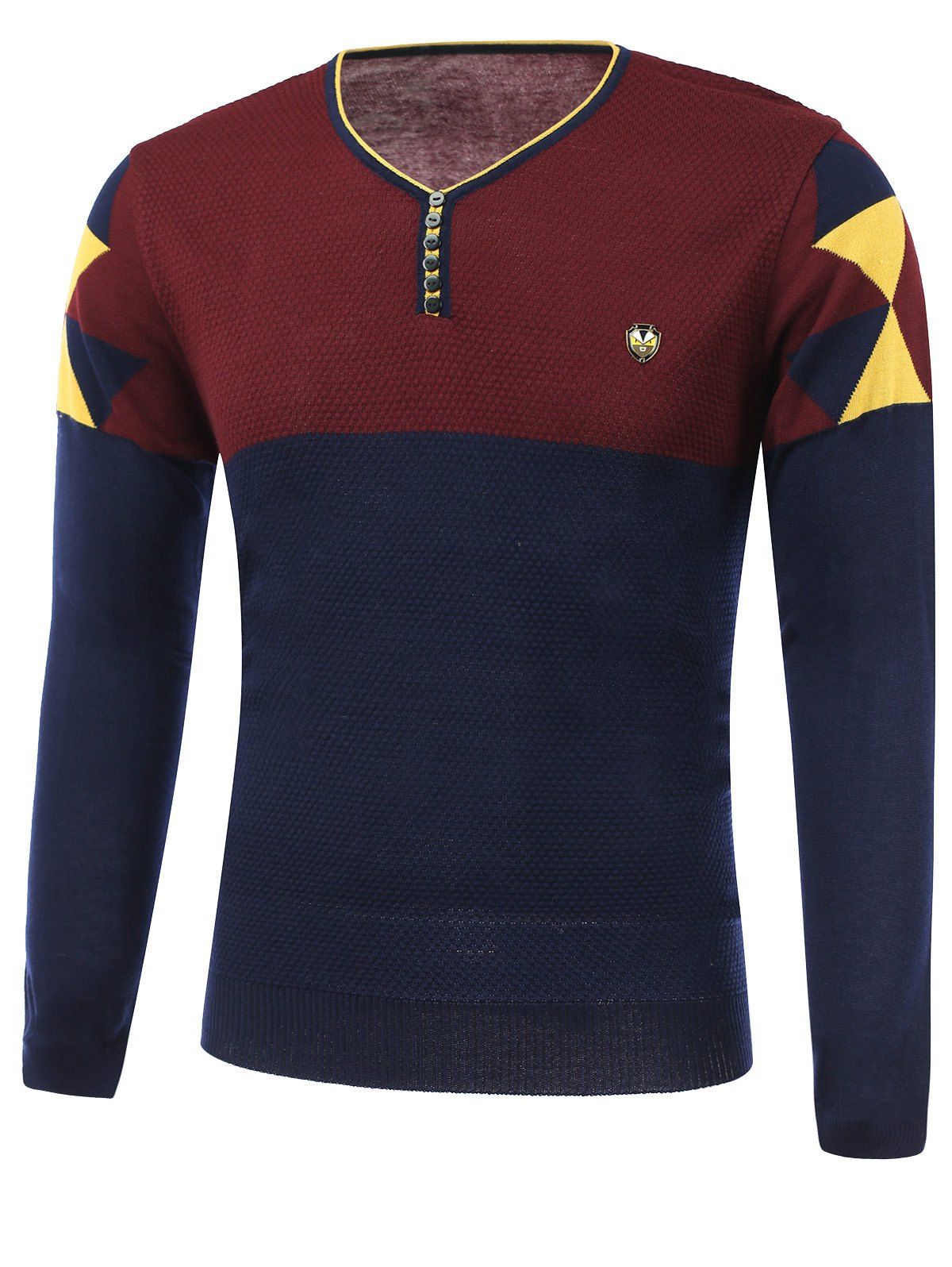 

Color Block Spliced Badge Embellished V-Neck Long Sleeve Sweater, Cadetblue