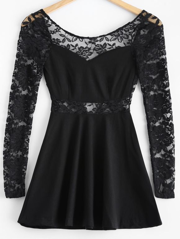 3/4 Sleeve Lace-Insert Backless Dress - Noir L
