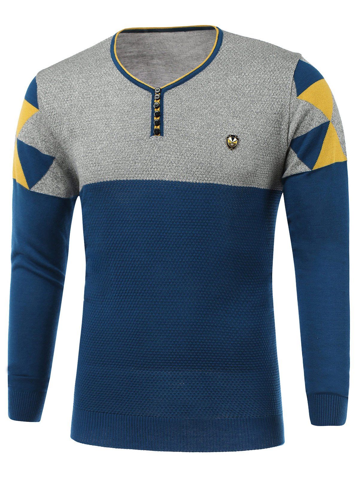 

Color Block Spliced Badge Embellished V-Neck Long Sleeve Sweater, Sapphire blue