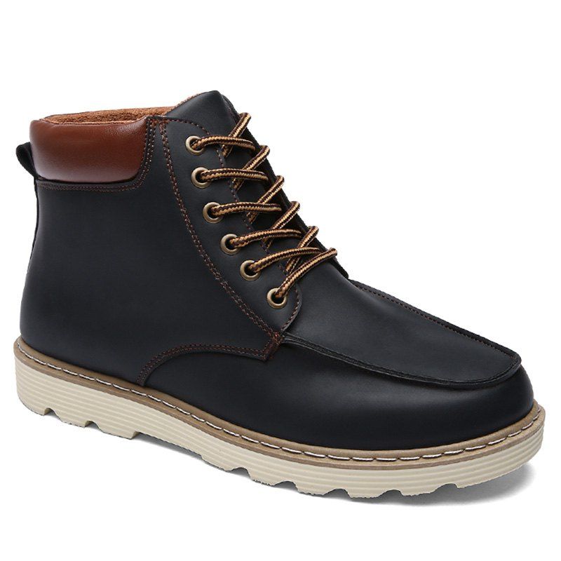 

PU Leather Lace-Up Color Spliced Boots, Black