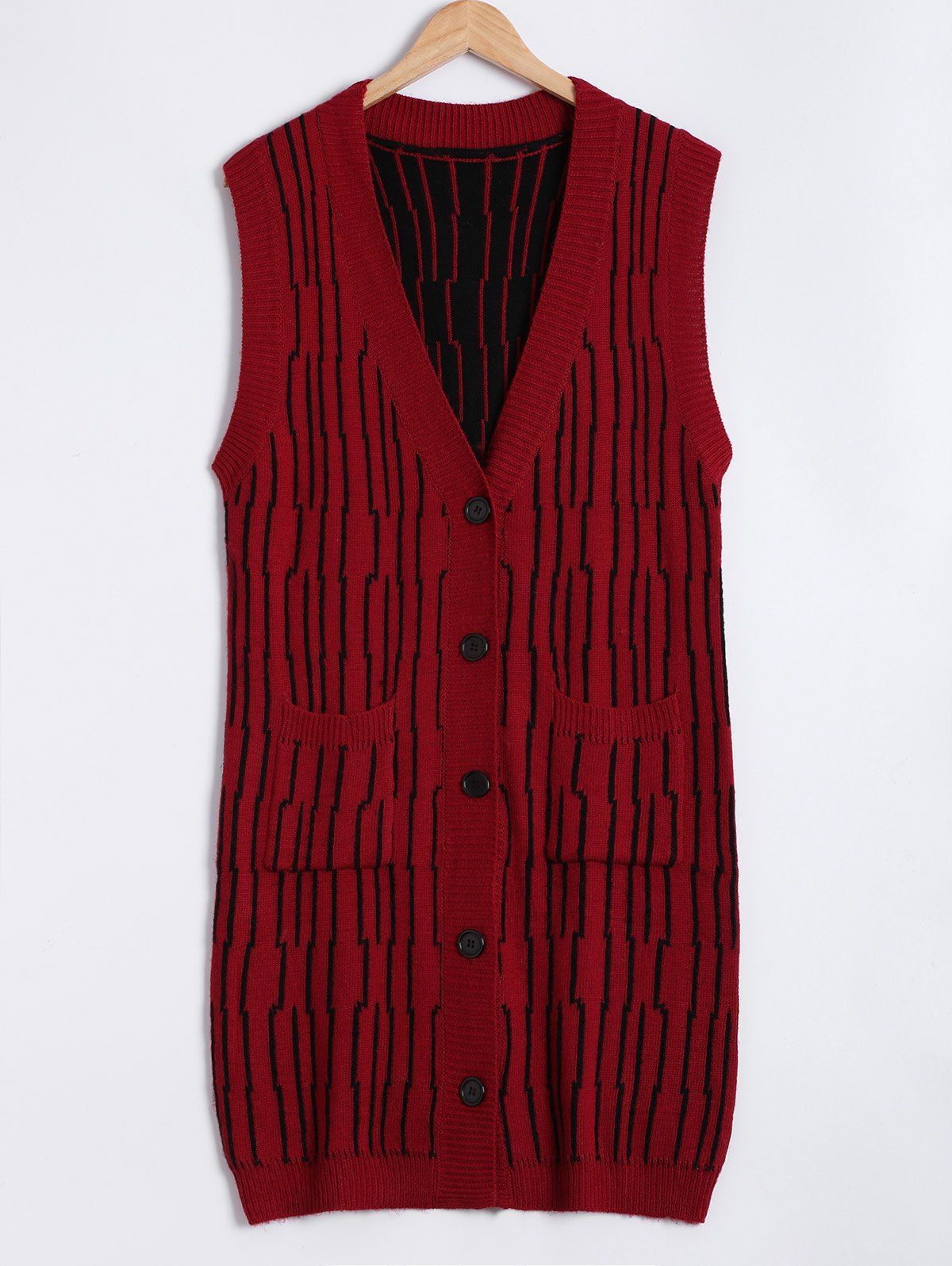 

Front Pockets Design Button Up Hand-Knitted Sweater Vest, Wine red