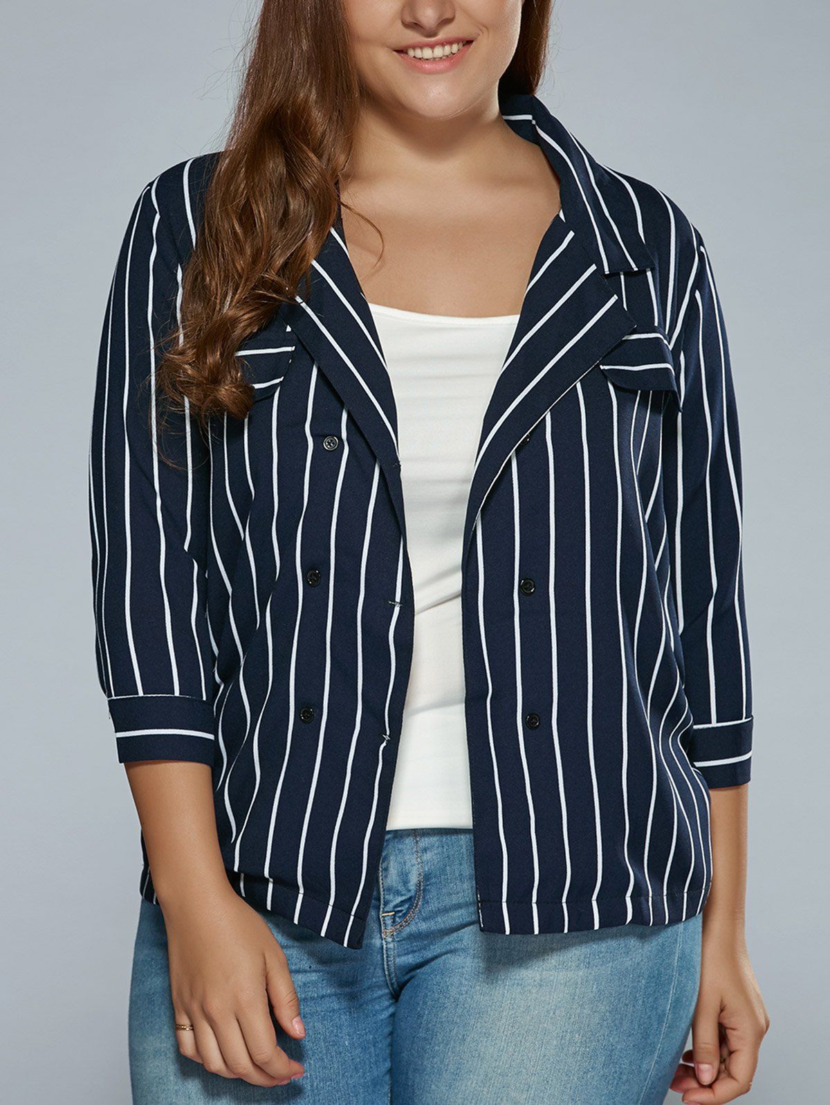 

3/4 Sleeves Striped Print Blazer, Purplish blue