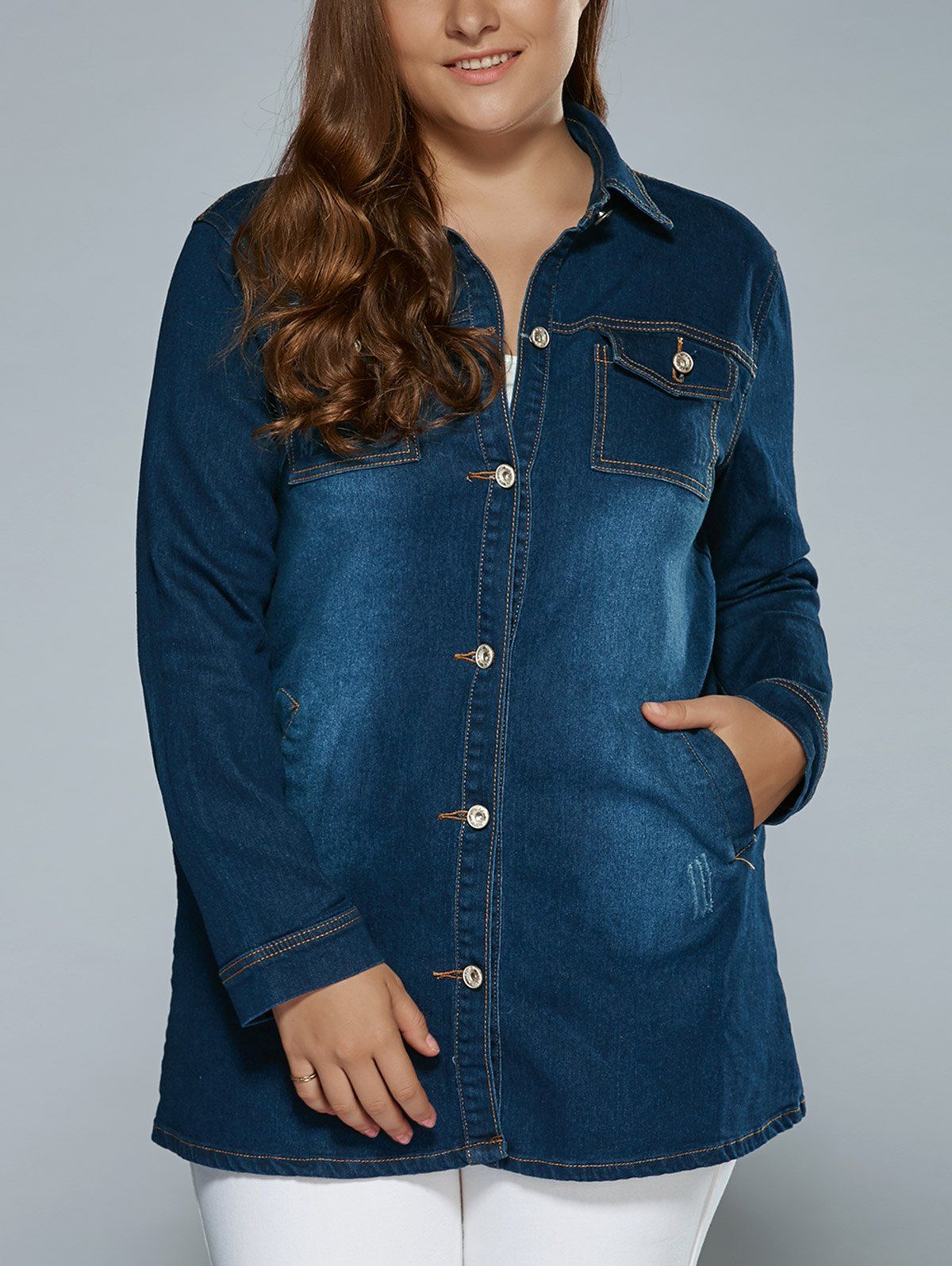 

Stretchy Pockets Denim Trench Coat, Deep blue