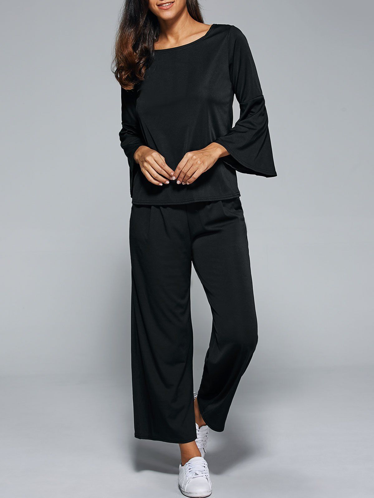 

Bell Sleeve Plain T-Shirt + Pocket Design Pants Twinset, Black