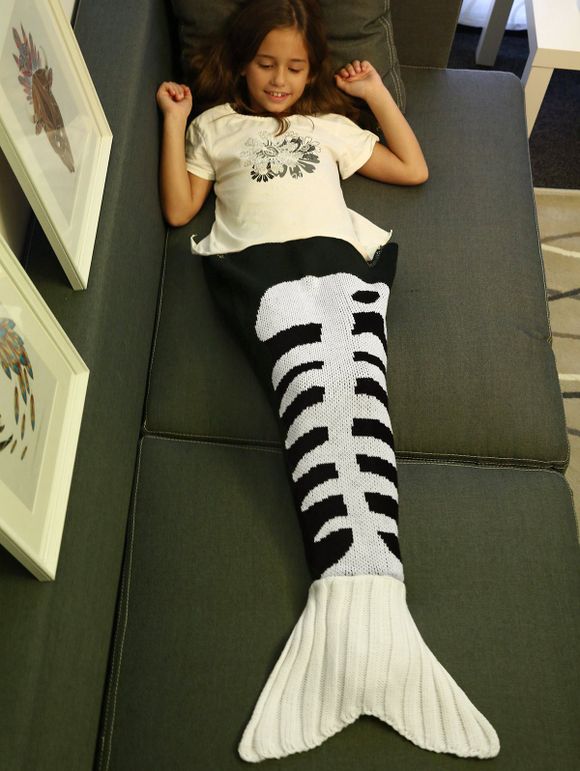 Couverture Queue de Sirène Confortable Tricotée Squelette de Poisson pour Enfants - Blanc et Noir S