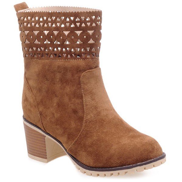 

Hollow Out Suede Chunky Heel Boots, Brown