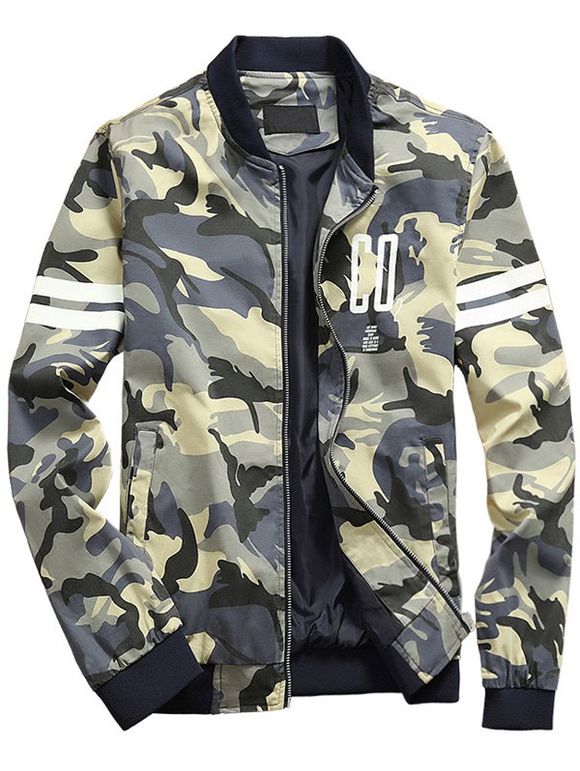 Pied de col Zip Up Camouflage Lettres Motif Jacket - Bleu Saphir L