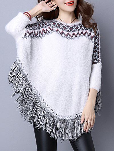 

Rhombus Jacquard Fringed Cape Sweater, White