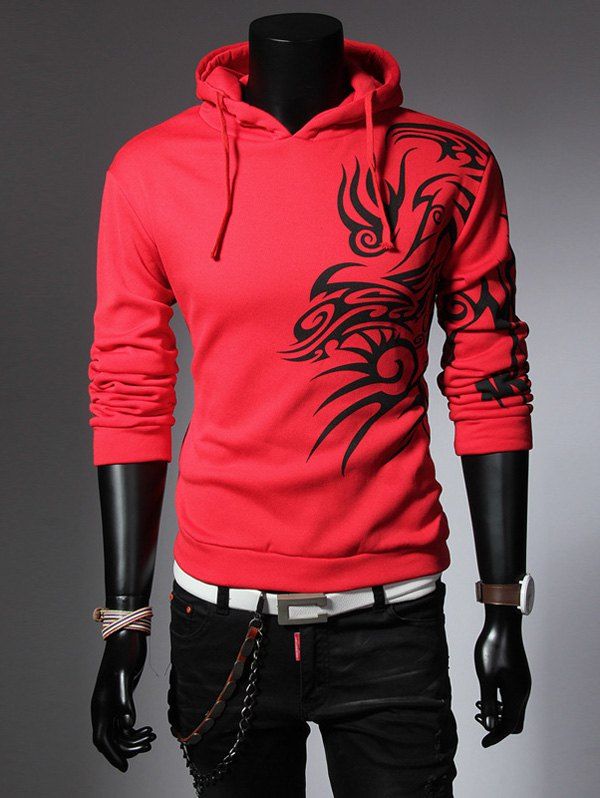 

Drawstring Totem Printed Long Sleeves Hoodie, Red