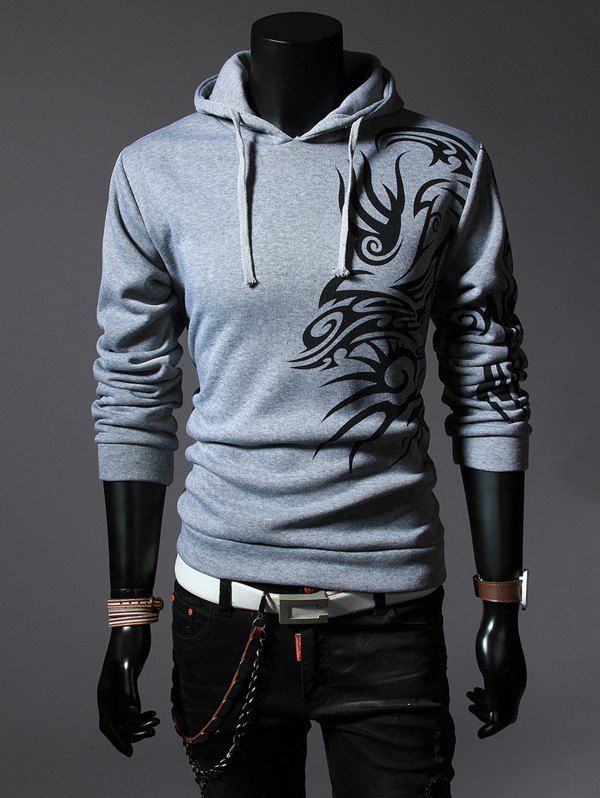 

Drawstring Totem Printed Long Sleeves Hoodie, Light gray