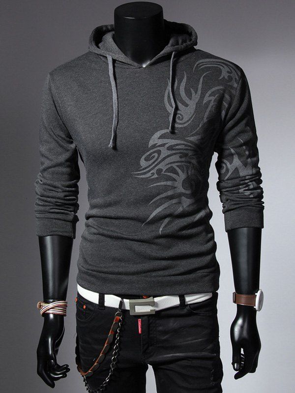 

Drawstring Totem Printed Long Sleeves Hoodie, Deep gray